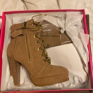ShoeDazzle Brea Tan Platform Biker Booties